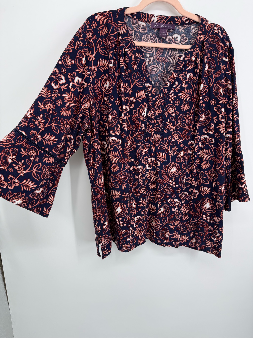Gloria Vanderbilt Women's Floral Navy Rust Blouse, Size Xxl, Long Bell Sleeve